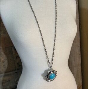 Silver Tone Faux Turquoise Flower Pendant Long Chain Necklace